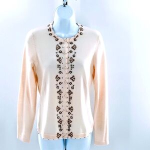 J McLaughlin Button Cardigan Sweater Italian Merino Wool Beaded in Ivory Sz S